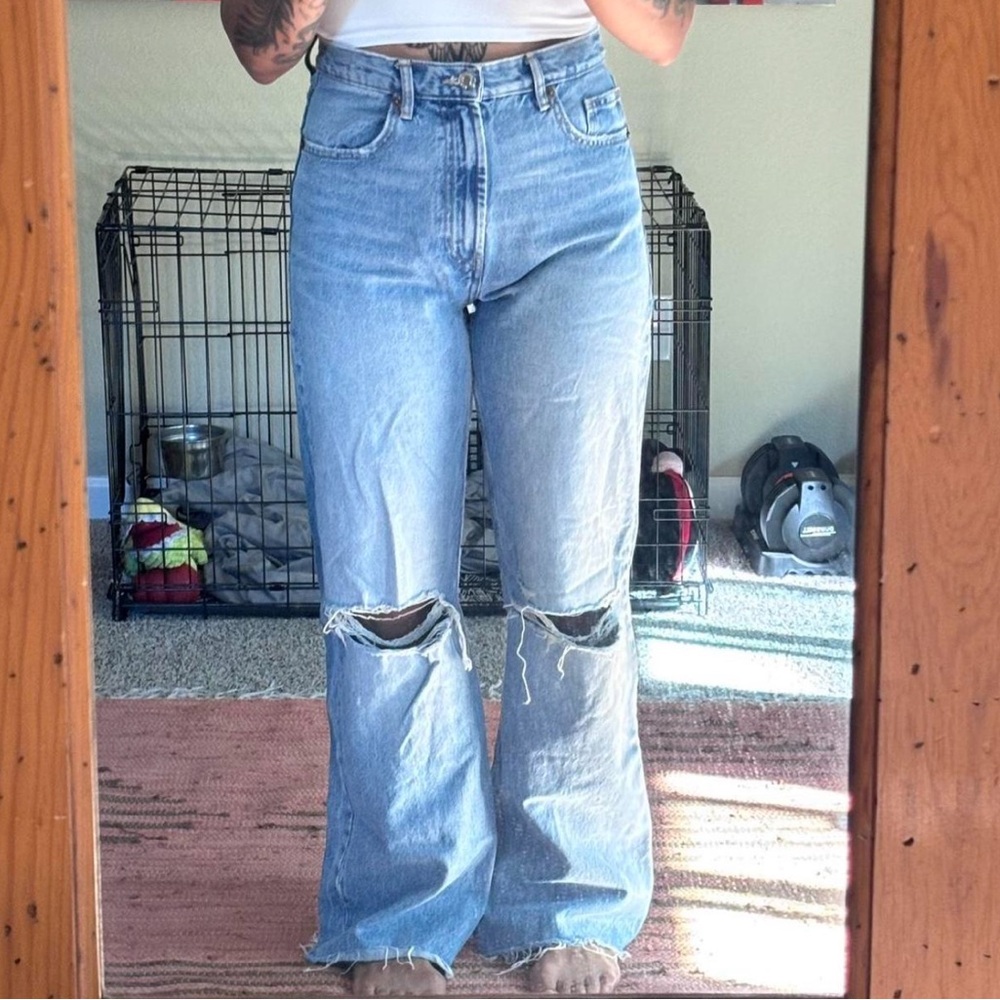 Zara Light Blue High Waisted Distressed Wide Leg Jeans